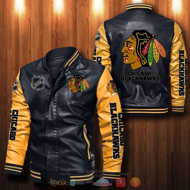 NHL Chicago Blackhawks Black Yellow Leather Bomber Jacket NHL Chicago Blackhawks Black Yellow Leather Bomber Jacket