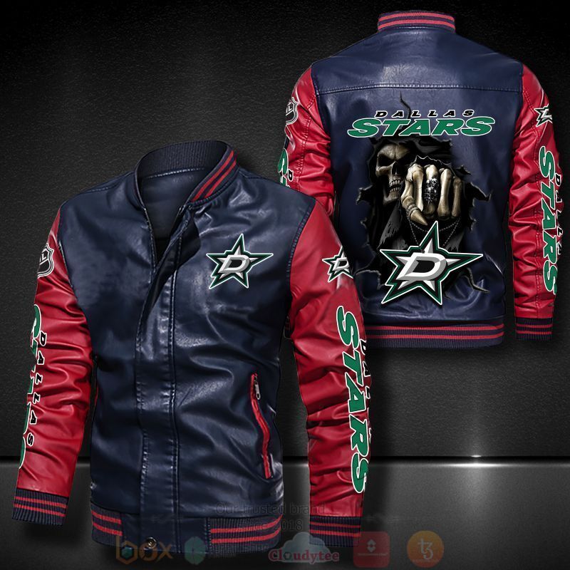 NHL Dallas Stars Dark Blue Red Leather Bomber Jacket
