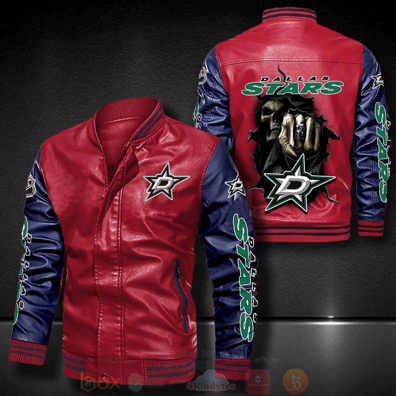 NHL Dallas Stars Red Dark Blue Leather Bomber Jacket