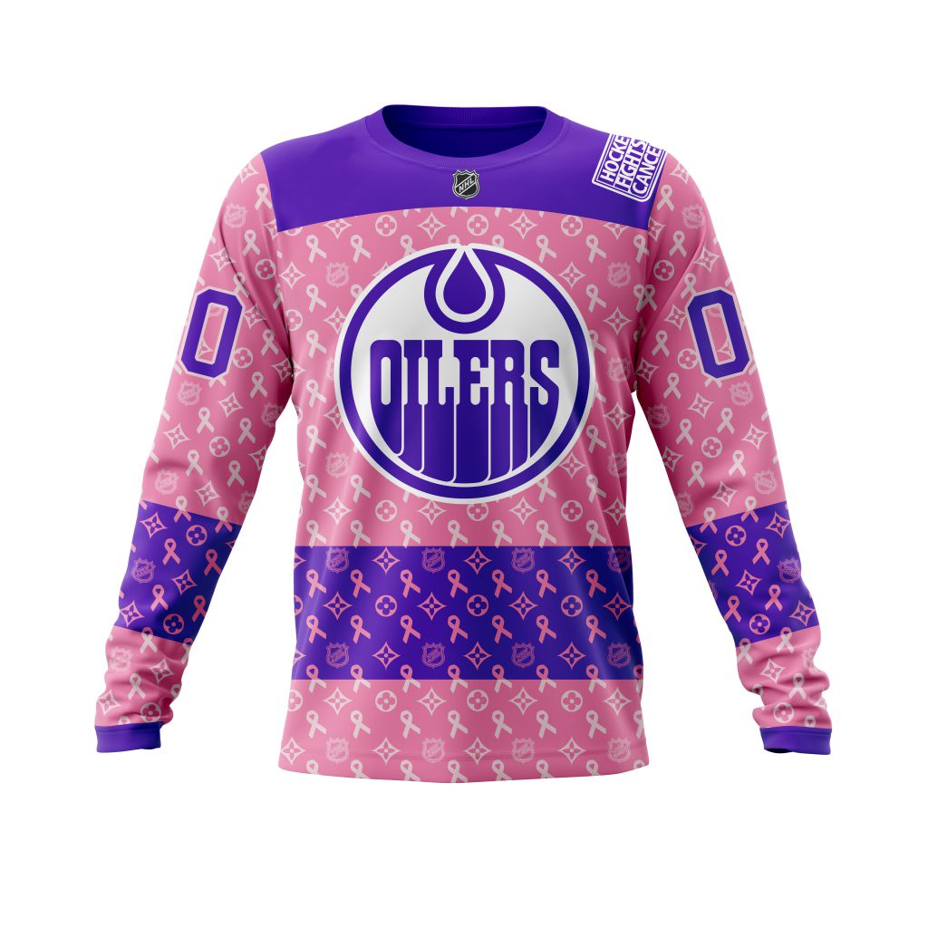 NHL Edmonton Oilers Custom Name Number Hockey Fight Cancer Pink Purple Sweatshirt
