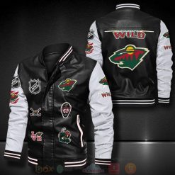 NHL Minnesota Wild Black White Leather Bomber Jacket