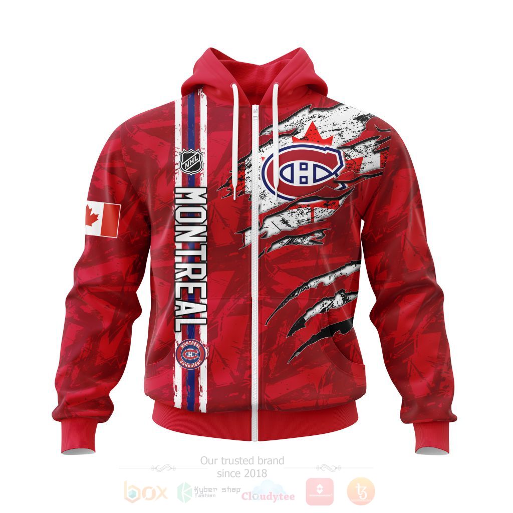 NHL Montreal Canadiens Custom Name Number Red Logo Canada Flag Scratch Zip Up Hoodie