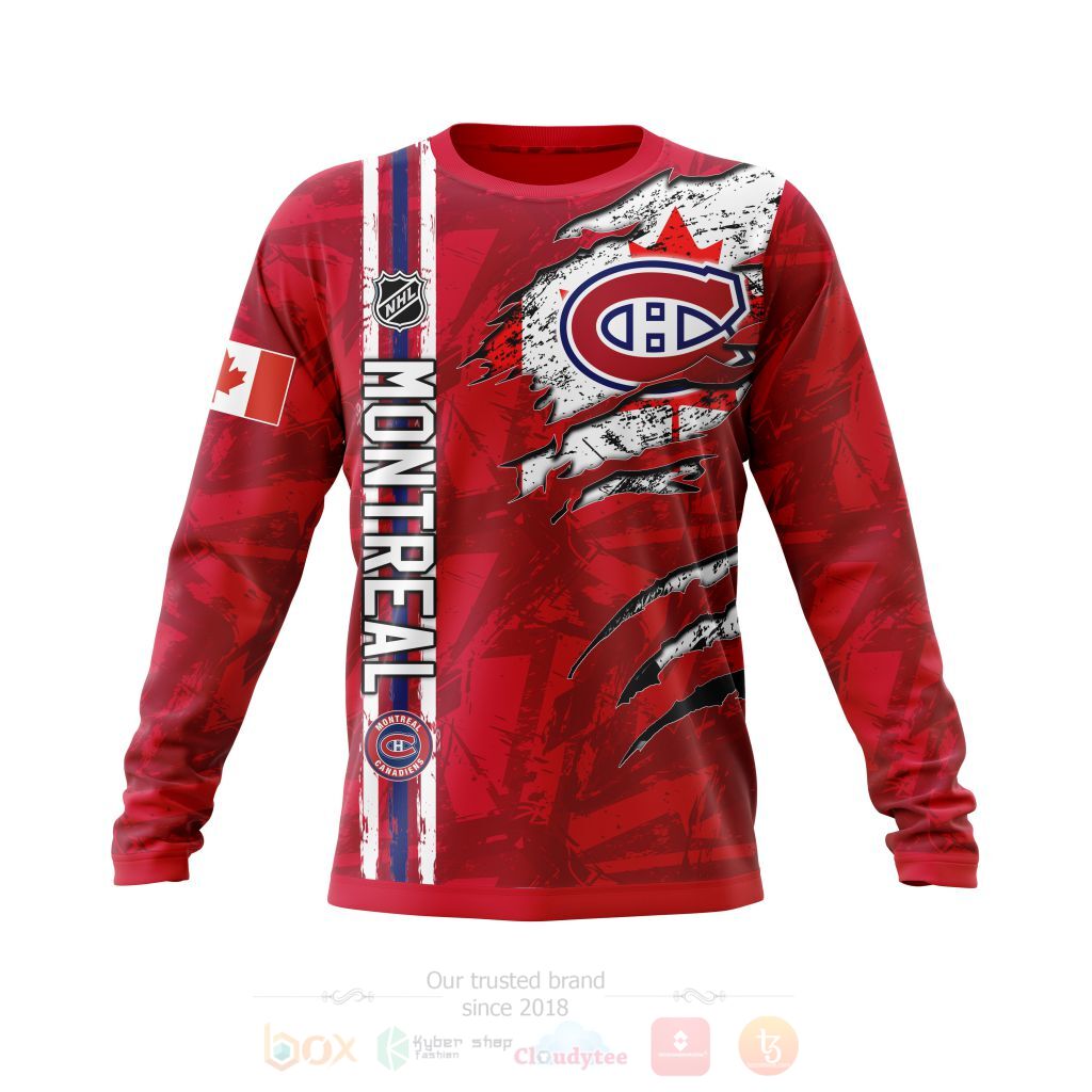 NHL Montreal Canadiens Custom Name Number Red Logo Canada Flag Scratch Sweatshirt NHL Montreal Canadiens Custom Name Number Red Logo Canada Flag Scratch Sweatshirt