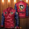 NHL Pittsburgh Penguins Red Dark Blue Leather Bomber Jacket