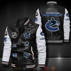 NHL Vancouver Canucks Black White Leather Bomber Jacket