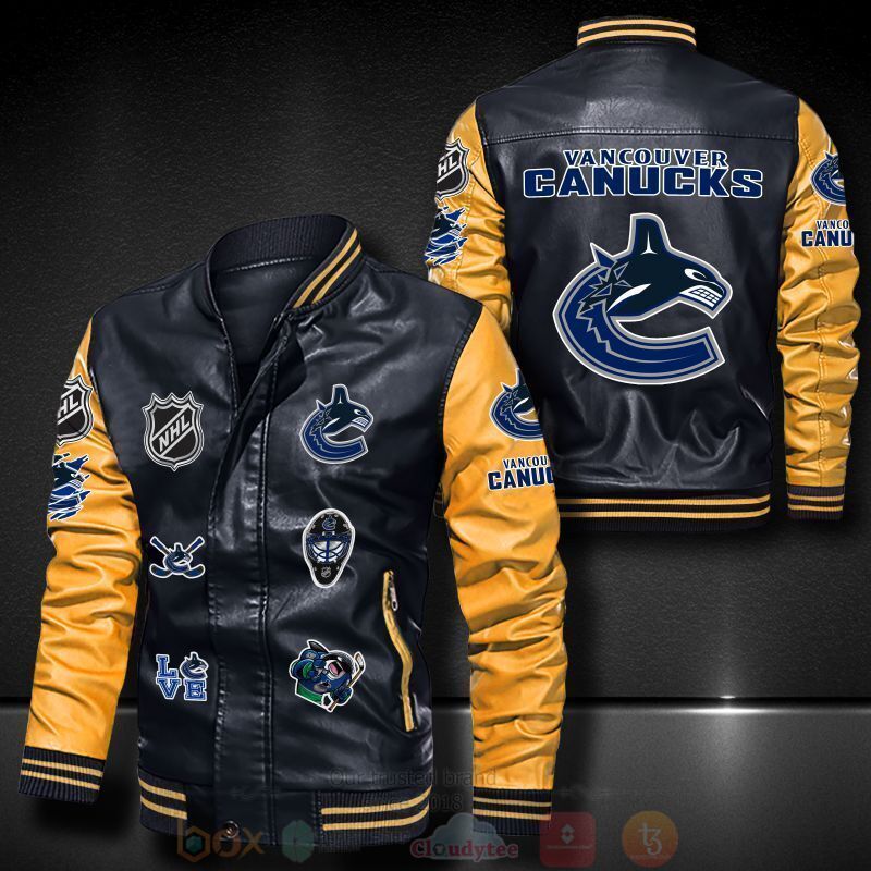 NHL Vancouver Canucks Black Yellow Leather Bomber Jacket NHL Vancouver Canucks Black Yellow Leather Bomber Jacket
