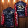 NHL Nashville Predators Dark Blue Red Leather Bomber Jacket