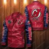 NHL New Jersey Devils Red Dark Blue Leather Bomber Jacket