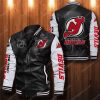 NHL New Jersey Devils Black White Leather Bomber Jacket
