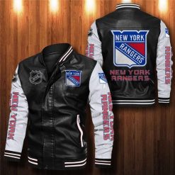 NHL New York Rangers Black White Leather Bomber Jacket