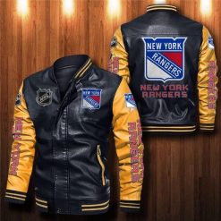 NHL New York Rangers Black Yellow Leather Bomber Jacket