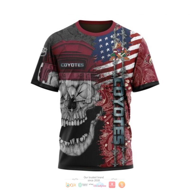 NHL Arizona Coyotes Custom Name Number Red Us Flag Skull T-Shirt NHL Arizona Coyotes Custom Name Number Red Us Flag Skull T-Shirt