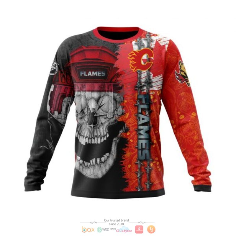 NHL Calgary Flames Custom Name Black Red Skull Canaday Flag Sweatshirt
