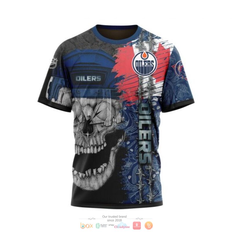 NHL Edmonton Oilers Custom Name Navy Blue Canada Flag Skull Scratch T-Shirt