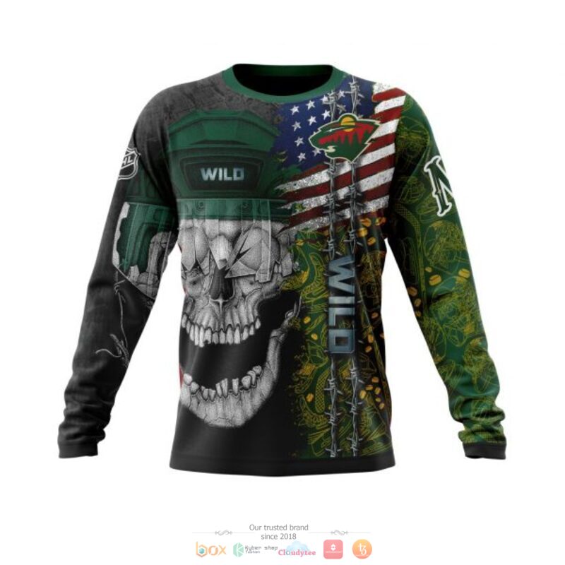 NHL Minnesota Wild Custom Name Green American Flag Skull Sweatshirt