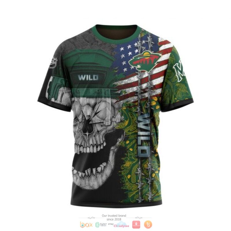 NHL Minnesota Wild Custom Name Green US Flag Skull T-Shirt NHL Minnesota Wild Custom Name Green US Flag Skull T-Shirt