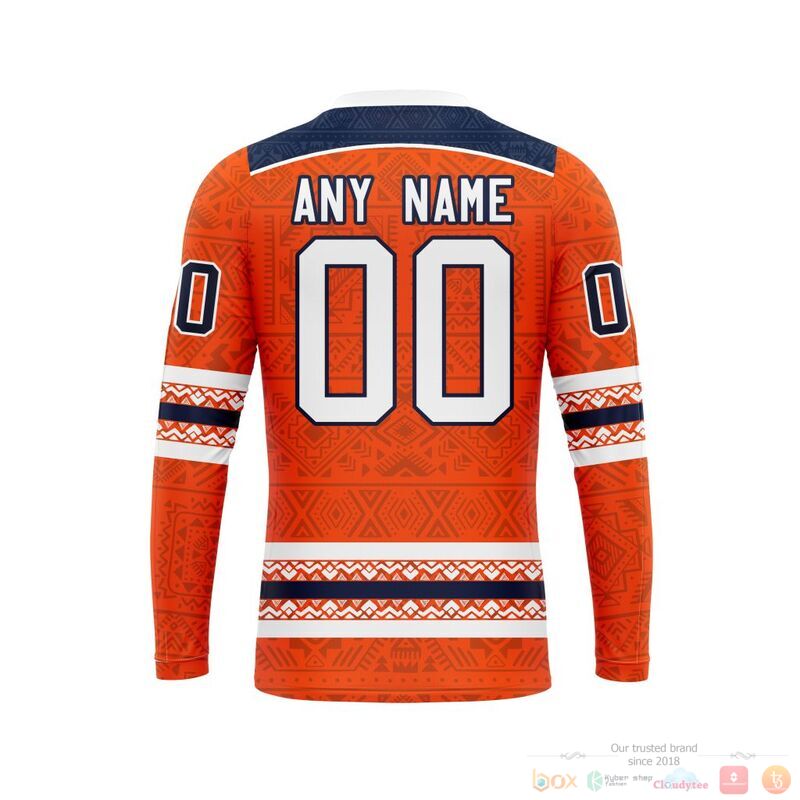 NHL Edmonton Oilers Custom Name Number Orange Blue American Native Jersey Sweatshirt NHL Edmonton Oilers Custom Name Number Orange Blue American Native Jersey Sweatshirt