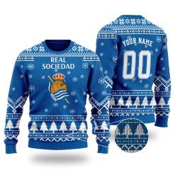 Real Sociedad Custom Name Number Blue Ugly Christmas Sweater
