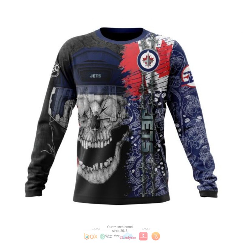 NHL Winnipeg Jets Custom Name Black Blue Skull Canada Flag Scratch Sweatshirt