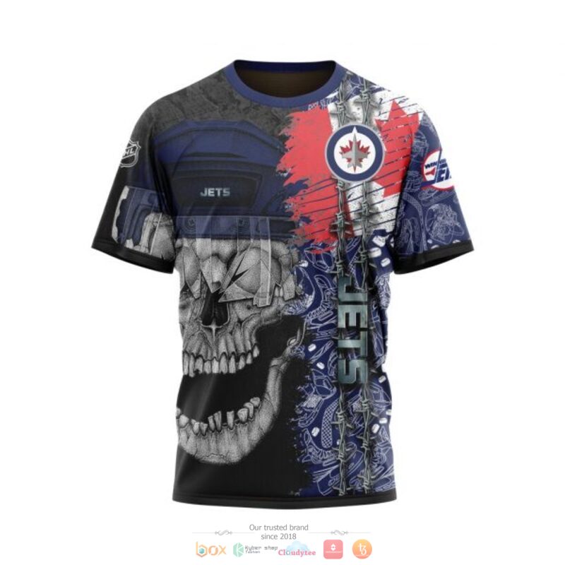 NHL Winnipeg Jets Custom Name Black Blue Skull Canada Flag Scratch T-Shirt