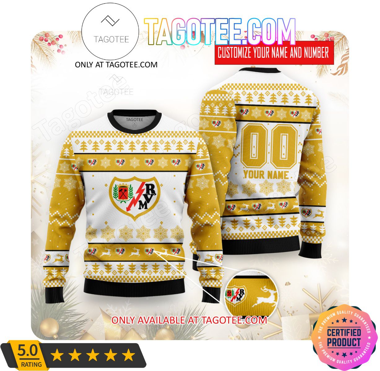 Rayo Vallecano Custom Name Number Ugly Christmas Sweater