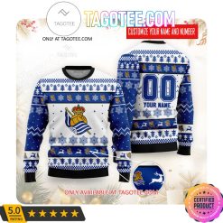 Real Sociedad Custom Name Number White Blue Ugly Christmas Sweater