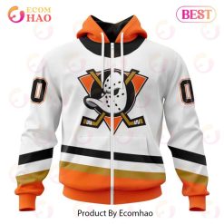 NHL Anaheim Ducks Custom Name Number White Orange Reverse Retro 2022 Jersey Zip Up Hoodie