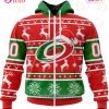 NHL Carolina Hurricanes Custom Name Number Red Green Ugly Christmas Zip Up Hoodie