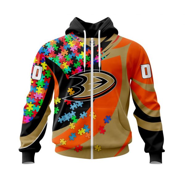 NHL Anaheim Ducks Custom Name Number Autism Awareness Zip Up Hoodie V5 NHL Anaheim Ducks Custom Name Number Autism Awareness Zip Up Hoodie V5