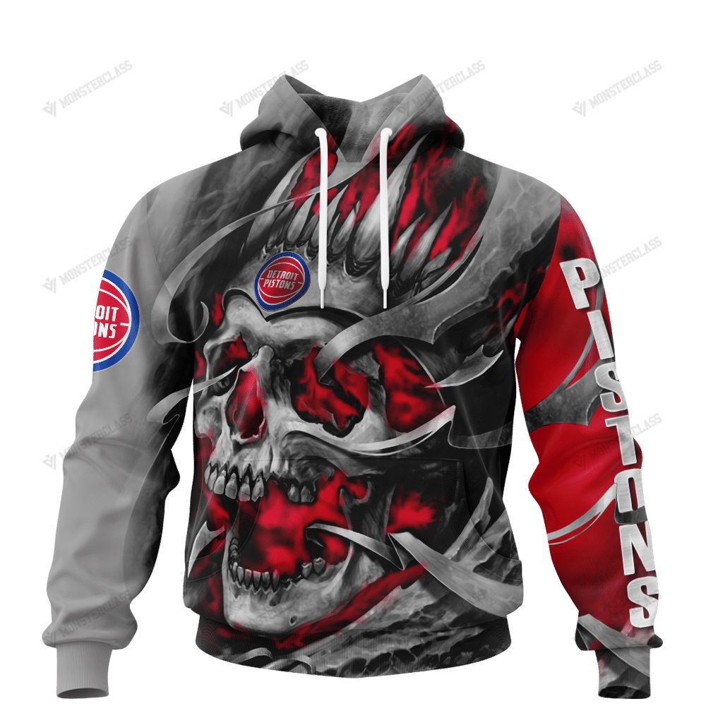 NBA Detroit Pistons Custom Name Number Skull Pullover Hoodie V4