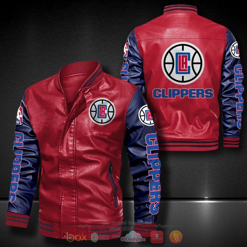 NBA Los Angeles Clippers Red Navy Blue Leather Bomber Jacket NBA Los Angeles Clippers Red Navy Blue Leather Bomber Jacket