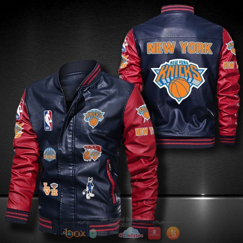 NBA New York Knicks Navy Blue Red Logo Team Leather Bomber Jacket NBA New York Knicks Navy Blue Red Logo Team Leather Bomber Jacket