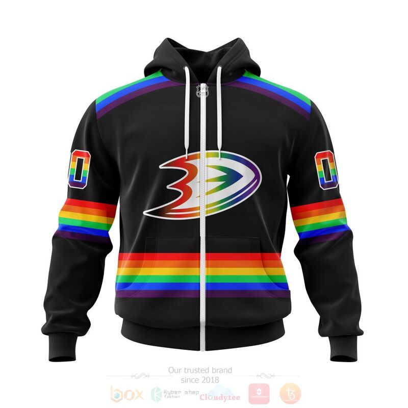 NHL Anaheim Ducks Custom Name Number Black LGBT Pride Jersey Zip Up Hoodie NHL Anaheim Ducks Custom Name Number Black LGBT Pride Jersey Zip Up Hoodie