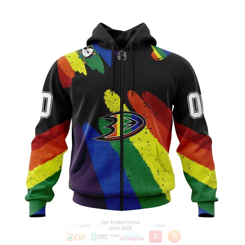 NHL Anaheim Ducks Custom Name Number Grunge LGBT Pride Zip Up Hoodie