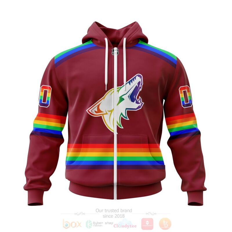 NHL Arizona Coyotes Custom Name Number LGBT Pride Red Jersey Zip Up Hoodie NHL Arizona Coyotes Custom Name Number LGBT Pride Red Jersey Zip Up Hoodie