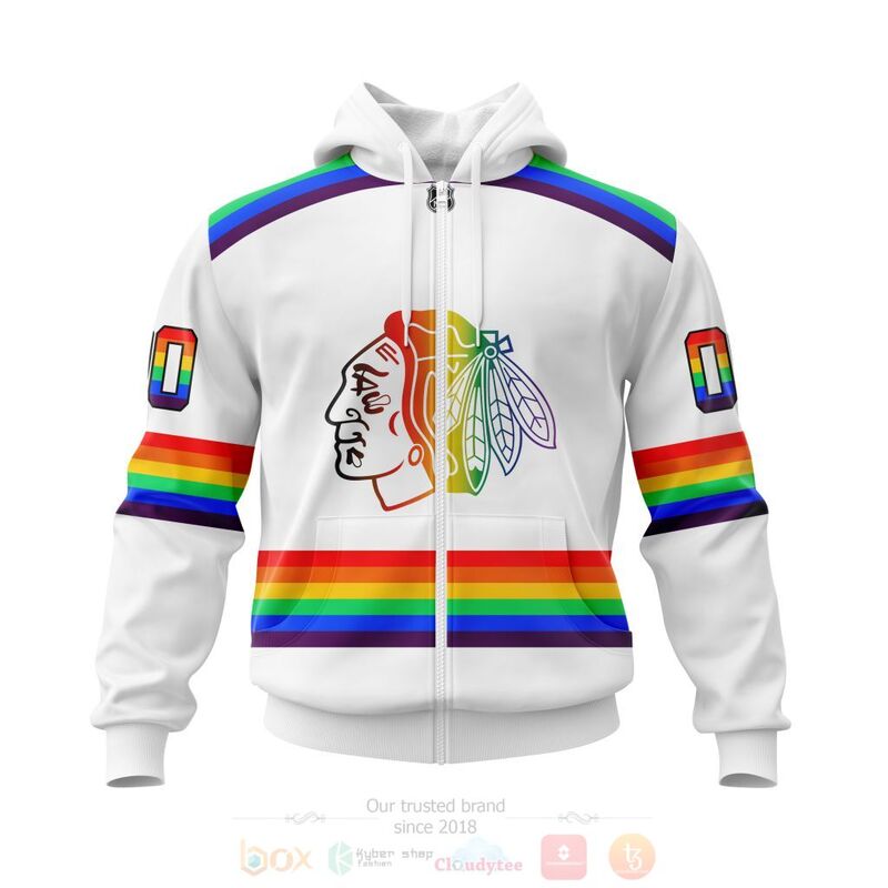 NHL Chicago Blackhawks Custom Name Number White LGBT Pride Jersey Zip Up Hoodie NHL Chicago Blackhawks Custom Name Number White LGBT Pride Jersey Zip Up Hoodie