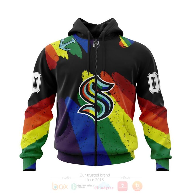 NHL Seattle Kraken Custom Name Number LGBT Pride Grunge Zip Up Hoodie NHL Seattle Kraken Custom Name Number LGBT Pride Grunge Zip Up Hoodie