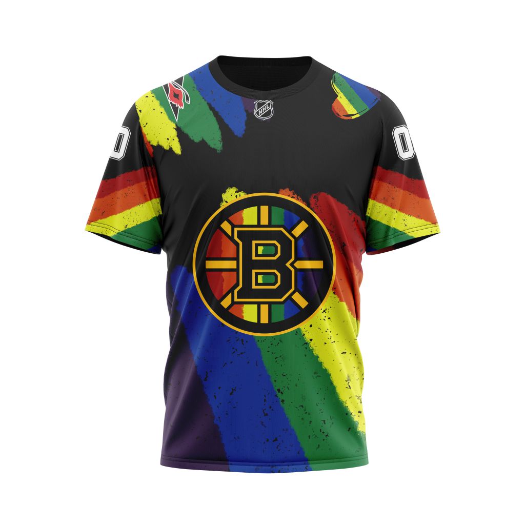 NHL Boston Bruins Custom Name Number LGBT Pride Grunge T-Shirt
