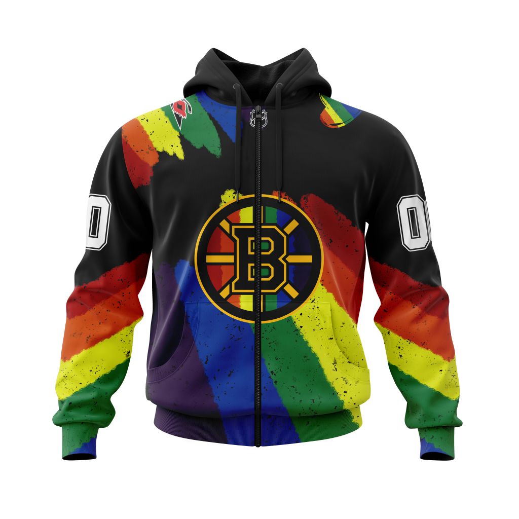 NHL Boston Bruins Custom Name Number LGBT Pride Grunge Zip Up Hoodie NHL Boston Bruins Custom Name Number LGBT Pride Grunge Zip Up Hoodie