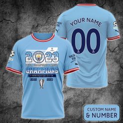 Manchester City Custom Name Number UEFA Champions 2022-2023 T-Shirt