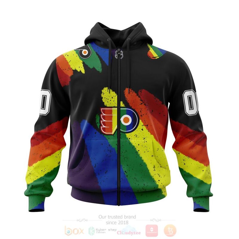 NHL Philadelphia Flyers Custom Name Number LGBT Pride Grunge Zip Up Hoodie