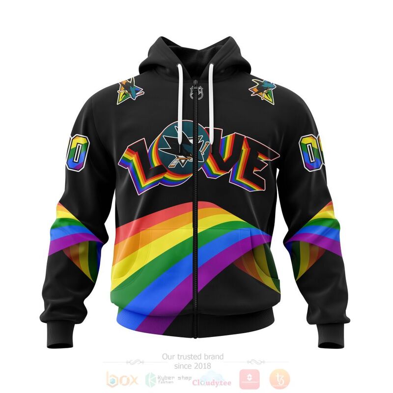 NHL San Jose Sharks Custom Name Number Love LGBT Pride Zip Up Hoodie