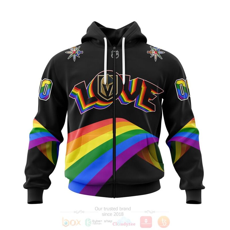 NHL Vegas Golden Knights Custom Name Number Love LGBT Pride Zip Up Hoodie NHL Vegas Golden Knights Custom Name Number Love LGBT Pride Zip Up Hoodie