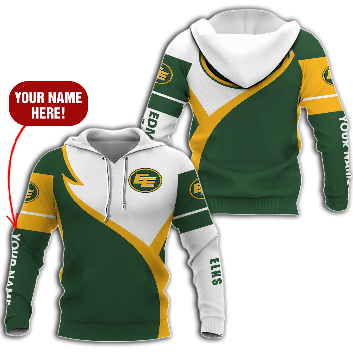 CFL Edmonton Elks Custom Name Green White Pullover Hoodie