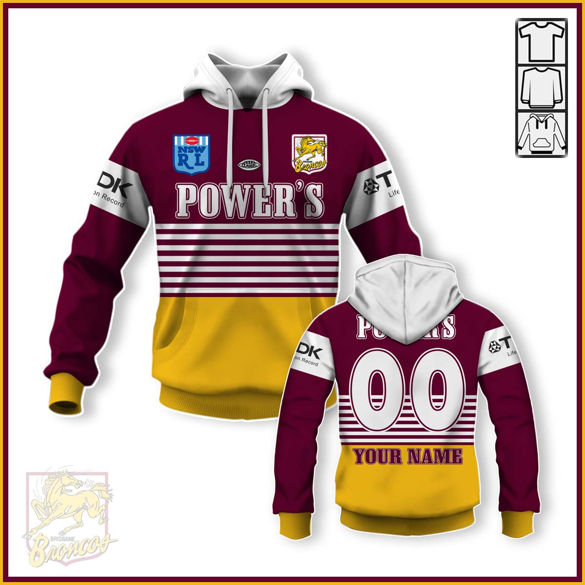 NRL Brisbane Broncos Custom Name Number 1992 Retro Jersey Pullover Hoodie