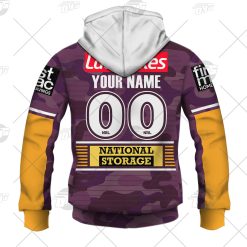 Alternative view of NRL Brisbane Broncos Custom Name Number 2021 ANZAC Jersey Zip Up Hoodie