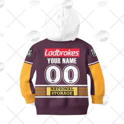 Alternative view of NRL Brisbane Broncos Custom Name Number 2021 Home Jersey Kids Zip Up Hoodie