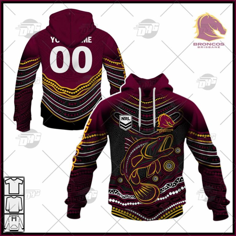 NRL Brisbane Broncos Custom Name Number 2022 Indigenous Fishing Jersey Pullover Hoodie
