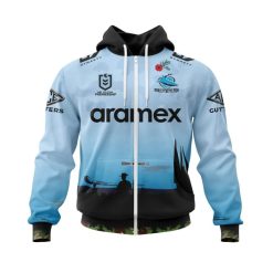 NRL Cronulla-Sutherland Sharks Custom Name Number 2022 ANZAC Day Jersey Zip Up Hoodie
