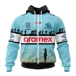 NRL Cronulla-Sutherland Sharks Custom Name Number 2023 ANZAC Day Jersey Zip Up Hoodie